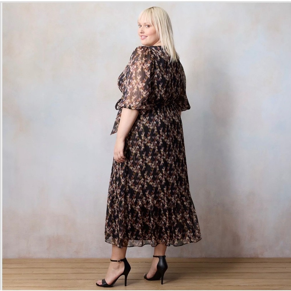 LC Lauren Conrad 3X‎ Plus Metallic Ikat Chiffon Midi Dress Puff Sleeve Black - Picture 2 of 11